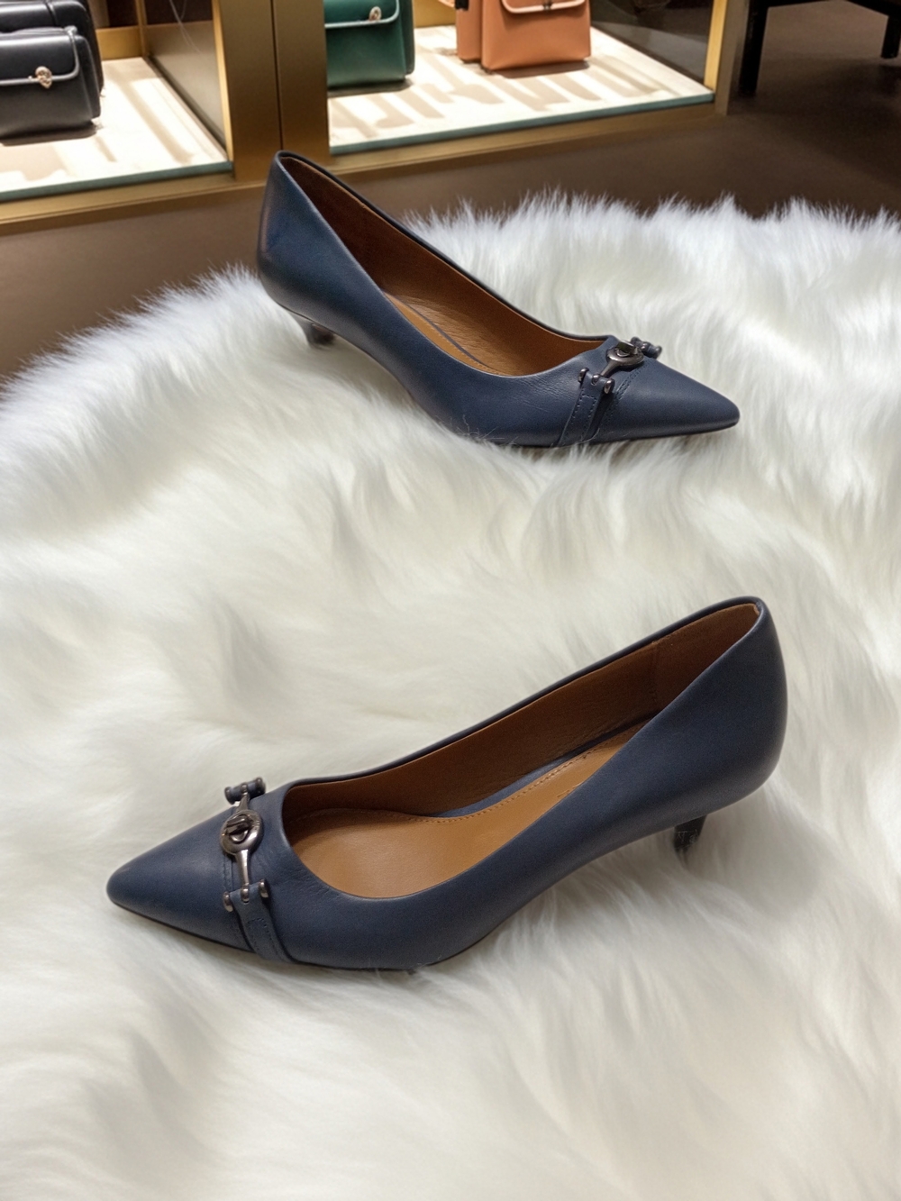 Coach Leather Navy Pointed-Toe Low Heel Pump with Locking Metal Bit Size 6